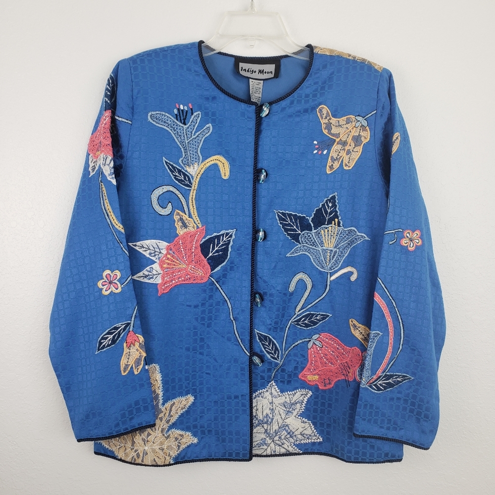 NWT Indigo Moon QVC Women's Blue Floral Jacket Med